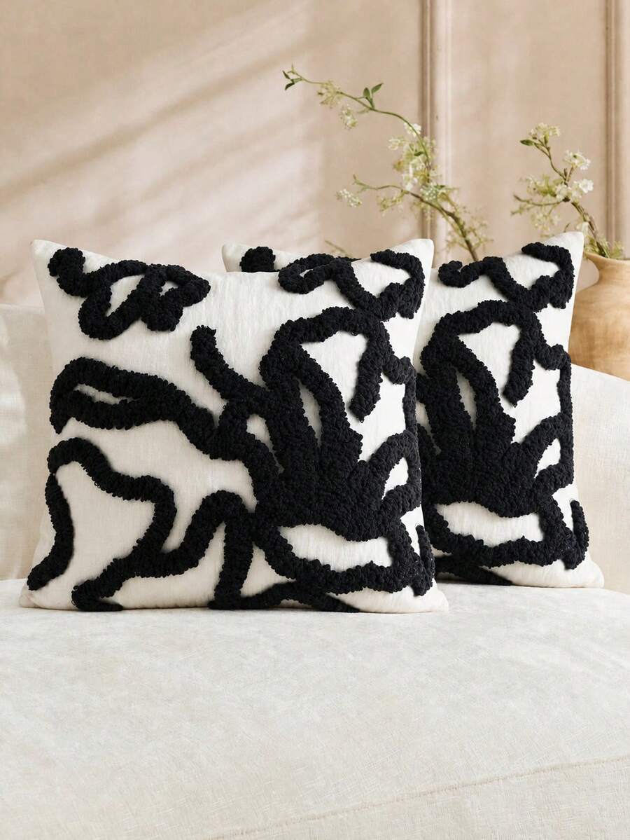 1pc/2pcs Boho Tufted Throw Pillow Cover, Cream Chenille Embroidered Cushion Case, Abstract Geometric Line Pillowcase For Couch Sofa Bed, All Season Neutral Home Decor - Black - View 1