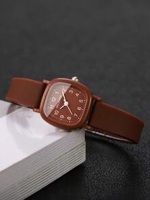 Jam Tangan Silikon Fashion Wanita, Jam Tangan Quartz Serbaguna dengan Desain Digital Persegi dan Dial Kecil, Hadiah untuk Pacar (1 buah/Set) Kotak Jam Tangan Tidak Termasuk - Coklat - View 6
