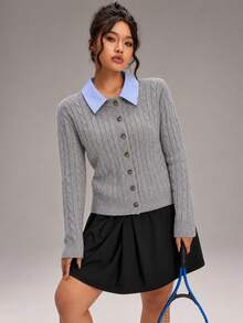 Women's New Winter Long Sleeve Polo Collar Knit Sweater Cardigan - Light Grey - View 1