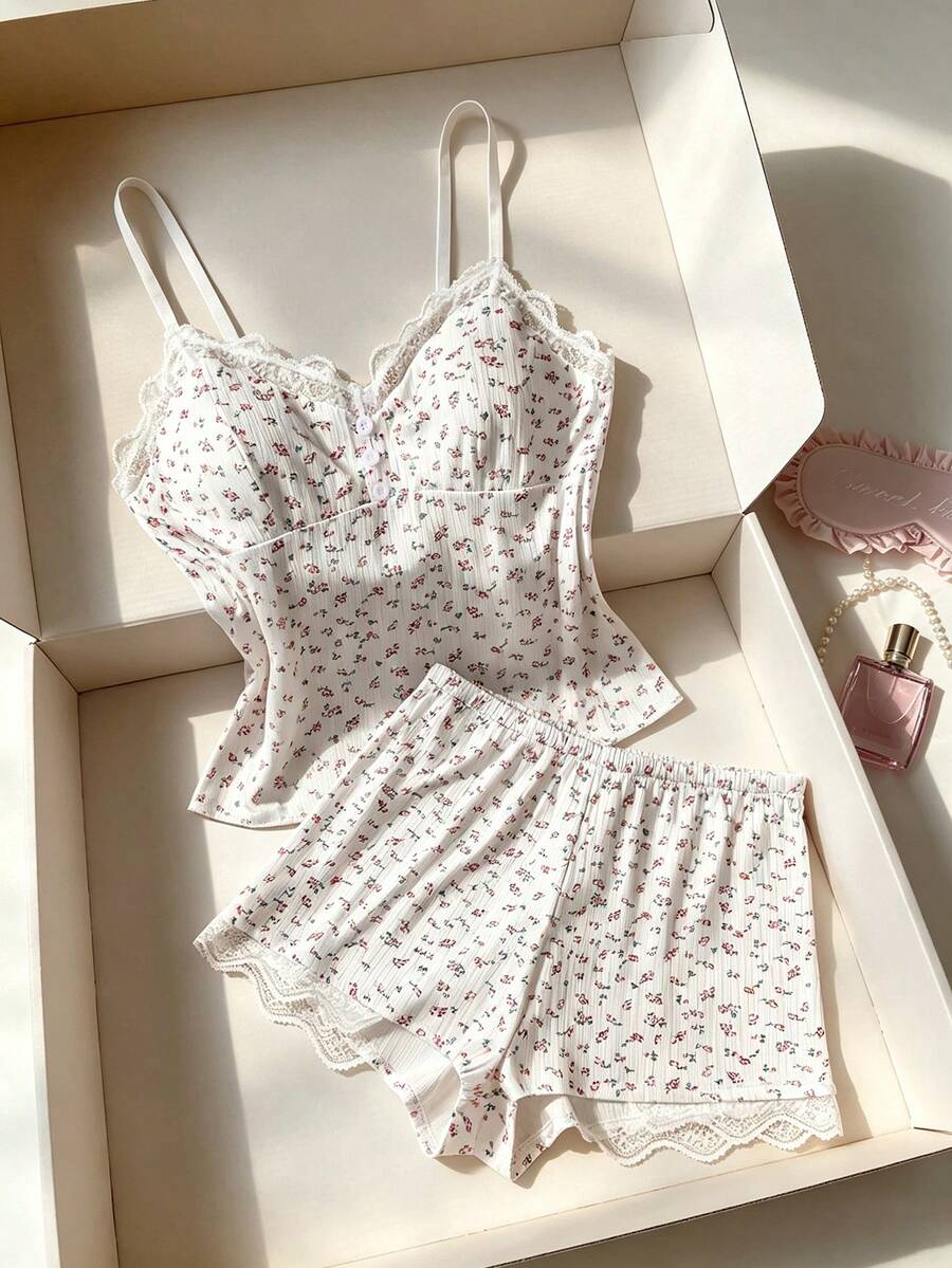 2pcs/Set Women's Elegant Pajama Set, Lace Embroidered V-Neck Button Decor Backless Top With Shorts, Comfortable Cute Floral Home Sleepwear Set