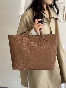 Fashionable And Personalized Leopard Print Pattern Women's Tote Bag, Modern And Simple PU Material Large Capacity Storage Handbag/Commuting Bag - Brown - View 5