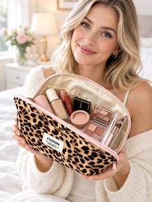 Leopard Print Makeup Bag, Letter Print Storage Bag, Pencil Case, Toiletry Bag; Suitable For Cosmetics, Brushes And Stationery; Suitable For Travel, Business Trips Or Home Use; Suitable For Girls And Students; Perfect Christmas Gift - Multicolor - View 5
