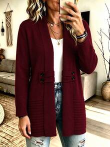 Plus Size Women's Color Solid Cardigan Sweater, Thigh-Length With Cardigan Collar And Fake Button Accents, Cozy Fall Winter Wear - Deep Red Flower - View 2