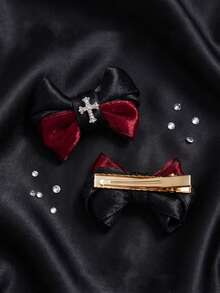 2pcs Women's Black & Red Cat Ear Cross Hair Clips Gothic Style Hair Clips Suitable For Halloween Outfit & Cosplay Outfit - Black and Red - View 3