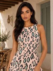 Dancing Leopard Multicolour Linen Open Back Playsuit For Women, Summer Outfits, Holiday, Vacation Night Out Red And Leopard Print Casual Sexy - Multicolor - View 1