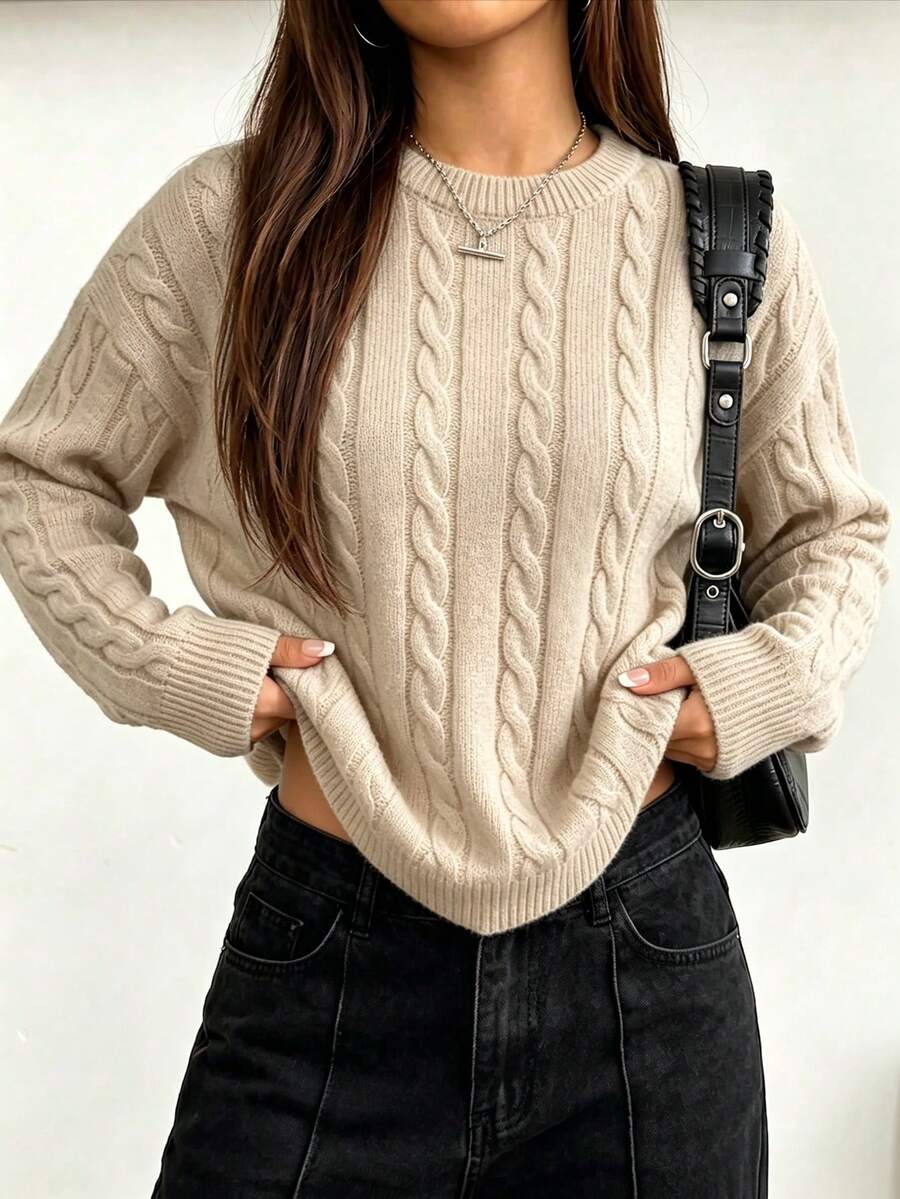 Women's Apricot Cable Knit Long Sleeve Pullover Sweater, Regular Fit Warm Lining Top For Autumn/Winter