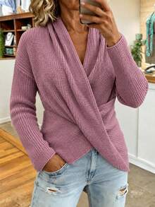 Women's Elegant Plain-Coloured Cross-Over Design Fall Sweater - Pink - View 3