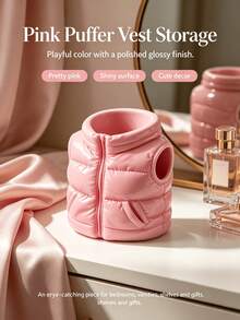 Christmas 1PC Puff Vest Shaped Makeup Brush Holder, Cute Ceramic Cosmetic Storage Box, Highly Attractive Desktop Storage Cup, Vanity Decor Ornament - Multicolor - View 7
