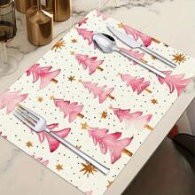 1/4/6pcs Christmas Series Pink Watercolor Christmas Tree Pattern Printed Placemats, Heat-Resistant Table Mat For Home Kitchen/Table Protection, Kitchen Dining Table Party Scene Decoration - Multicolor - View 10