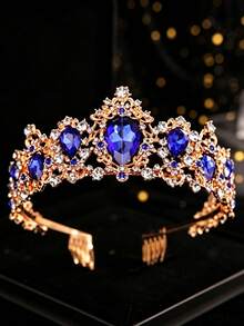 1pc Vintage Gold Base Large Gemstone Crown Bridal Headpiece, Elegant Wedding Accessory Tiara - Multicolor - View 5