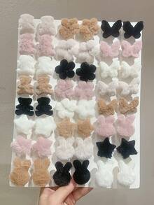 10入隨機復古純色毛絨髮夾 可愛兔子/熊/花朵/蝴蝶/星星側夾瀏海夾 甜美女孩髮飾 日常穿搭派對頭飾 - 彩色 - 查看 8
