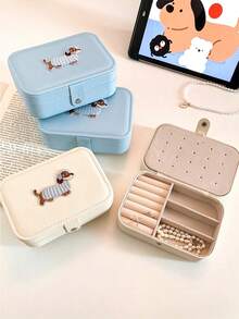 1pc Cute Dachshund Embroidered Jewelry Box, Portable Travel Jewelry Storage Box, Faux Leather Compact Earring Ring Necklace Storage Box, Suitable For Girls, Multi-Compartment Jewelry Storage Box, Snap Button Design Jewelry Storage Box, High-Value Cartoon Puppy Decor Jewelry Storage Container, Lightweight Compact Jewelry Storage Box, Can Store Earrings, Rings, Necklaces, Bracelets, Daily Wear Accessories - Multicolor - View 4