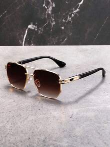1 Pair Vintage Square Aviator Fashion Glasses, Unisex, Gold Frame With Gradient Tea Lenses, Suitable For Driving And Travel - Retro - View 6