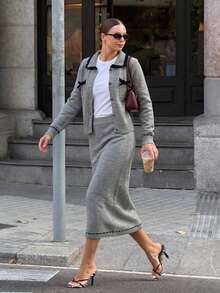 Bow Detail Button Front Knit Cardigan And Midi Skirt Set, Long Sleeve, Slim Fit, Soft Stretch, Grey Elegant Fall Winter Sweater Sets For Women - Grey - View 2