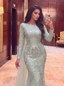 Faeriesty Elegant Women's Sequin Long Mermaid Evening Gown, Long Sleeve Round Neck Formal Dress With Contrast Mesh Detail, Suitable For Ball Events - Mint Green - View 5