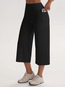Women's Pure Black High Waist Short Casual Pants, With Side Pockets, Elastic Flare Leg Capris, Suitable For Daily Wear - Black - View 5