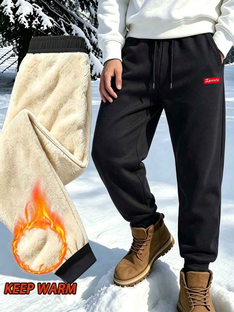 Men's Fleece Cuffed Sweatpants With Red Label Embroidery And Drawstring Waist Casual Long Pants - Black - View 1