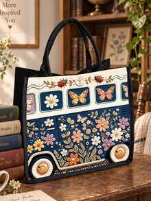 Vintage Floral Bus Pattern Tote Bag With Makeup Bag, Large Capacity Shopping Shoulder Handbag, Flat Print Storage Bag, Suitable For Travel, Commuting, Gifting - Multicolor - View 3