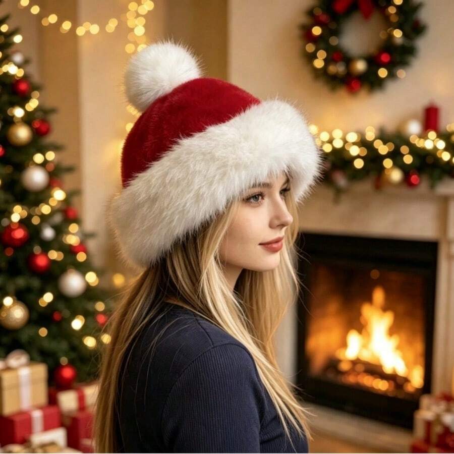 3pcs Vintage Faux Fur Christmas Hats, Thick Plush Trim Holiday Party Atmosphere Warm Hats - Multicolor - View 1