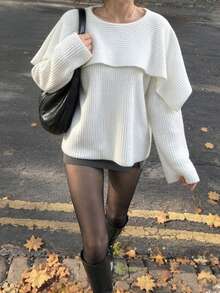 Women's 2026 Autumn/Winter Single Piece Knitted Sweater, Large Lapel Bell Sleeve, Loose Fit Textured Knit Top, Suitable For Daily Wear - White - View 7