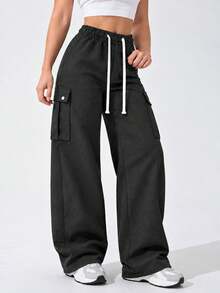 Black Wide Leg Cargo Pants For Women With Elastic Drawstring Waist Flap Pockets Relaxed Loose Fit Trousers For Daily Wear - Black - View 2