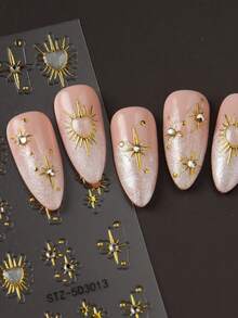 1 Sheet Of Y2K-Style Nail Stickers Featuring Shiny Gold Stars And Laser-Effect Hearts With Rhinestones; 5D Embossed Nail Art Decals, Adhesive Sliders, Nail Supplies, And DIY Decorative Nail Charms. - Multicolor - View 4