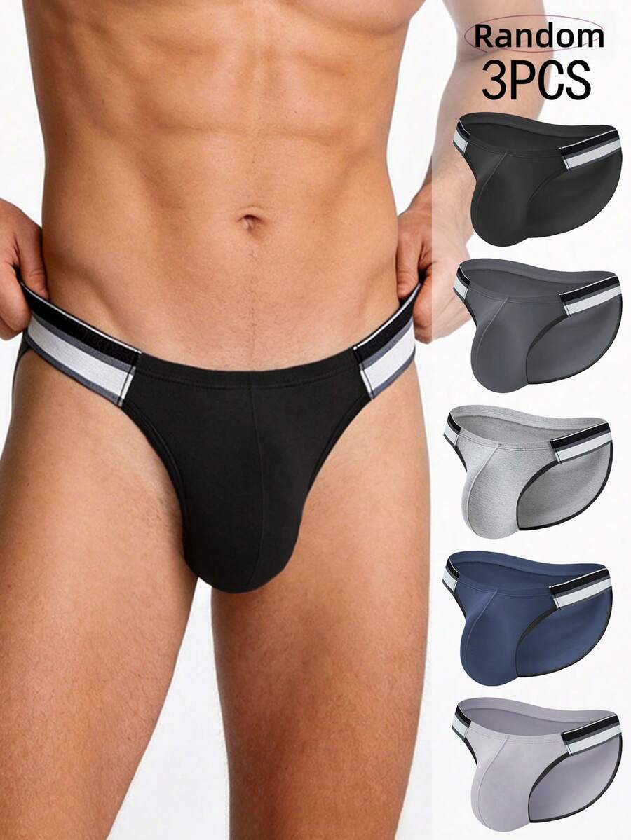 3pcs Random Men's Underwear Set, High-Cut Briefs, Striped Waistband, Soft Narrow Edge Men's Underwear, Creative Men's Gift - Multicolor - View 1