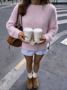 Atasan Rajut Tipis Gaya Korea Awal Musim Gugur GLAMMY, Atasan Rajut Sedikit Transparan, Leher Perahu Jala Berongga Longgar Lengan Lentera Off-Shoulder, Sweater Penutup, Pakaian Kencan Nuansa Liburan yang Lembut, Desain Berongga Bergaris Warna Solid untuk Lapisan Dalam Kamisol, Pakaian Rumah dan Sehari-hari - Berwarna merah muda - View 4