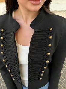 ZAHM Blazer Pendek Gaya Napoleon Hitam Wanita Musim Gugur/Musim Dingin 2026, Dekorasi Kancing Emas, Jaket Militer Kerah Tegak - Hitam - View 6