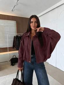 Urban Casual Solid Color Front Zipper Pocket Jacket, Relaxed Long Sleeve Bomber Jacket, Suitable For Spring And Autumn - Burgundy - View 1
