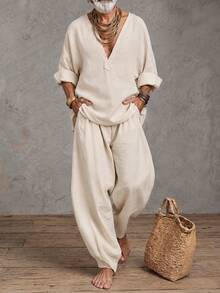 GOLDREDY Minimalist Men's V-Neck Casual Loose Pullover Long Sleeve Top And Wide Leg Pants 2 Pieces Set - Apricot - View 1