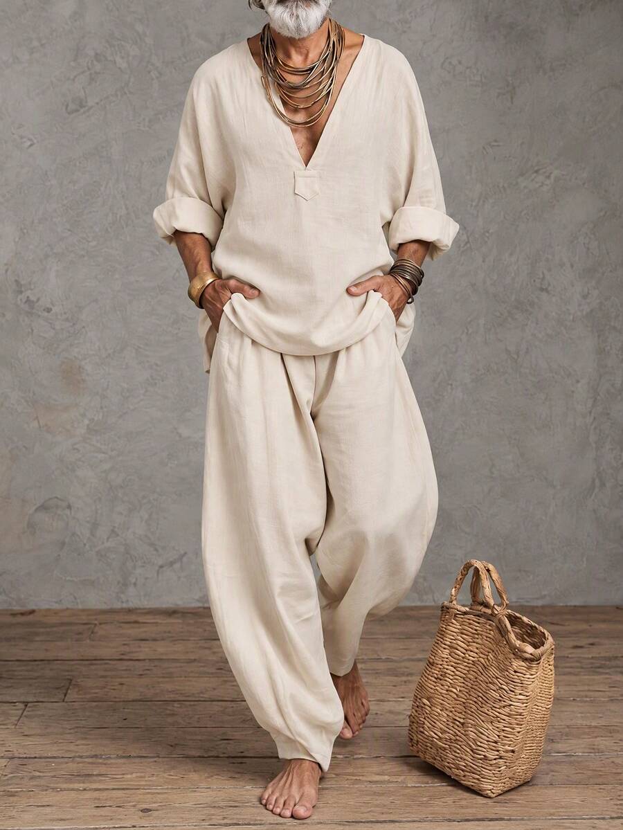 GOLDREDY Minimalist Men's V-Neck Casual Loose Pullover Long Sleeve Top And Wide Leg Pants 2 Pieces Set - Apricot - View 1