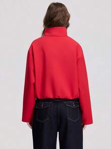 Women's Autumn/Winter Long Sleeve Stand Collar Zipper Flight Jacket - Red - View 2