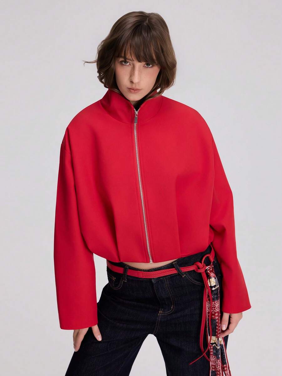 Women's Autumn/Winter Long Sleeve Stand Collar Zipper Flight Jacket - Red - View 1