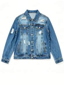 Men's Mid-Wash Denim Trucker Jacket, Distressed Ripped Faded Cat-Whisker Effect, Button Front, Flap Pockets, Non-Stretch Vintage Streetwear Style - Royal Blue - View 5