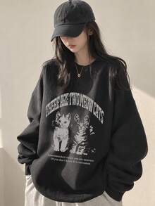 Women's Fashion Autumn/Winter Loose Casual Versatile Letter Cartoon Cat Print Pattern Crew Neck Sweatshirt - Dark Grey - View 2