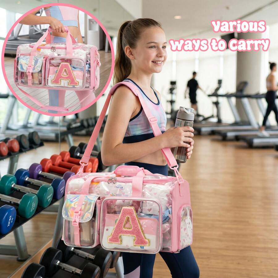 Girls Clear Heavy Duty Carry-On Duffle Bag With Separate Shoe Compartment, Customizable Letter A Transparent Weekender Travel Bag - Transparent Travel Bag - View 1
