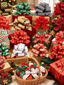 16/1pc Christmas Pull Bows, 16 Styles Holiday Pattern Plastic Gift Wrapping Ribbon Bows, Suitable For Gift Wrapping, Christmas Tree Decoration, Gift Box Decoration, Wreath Accents And Christmas Home Party Decoration - One Size Fits All - View 1