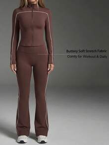 Casual Sport Contrast Zip Gym Clothes Women Two Pieces Set,Stand Neck Long Sleeve Skinny Fall Outfit Jacket,High Waist Fit Workout Active Flare Pants - Brown - View 1