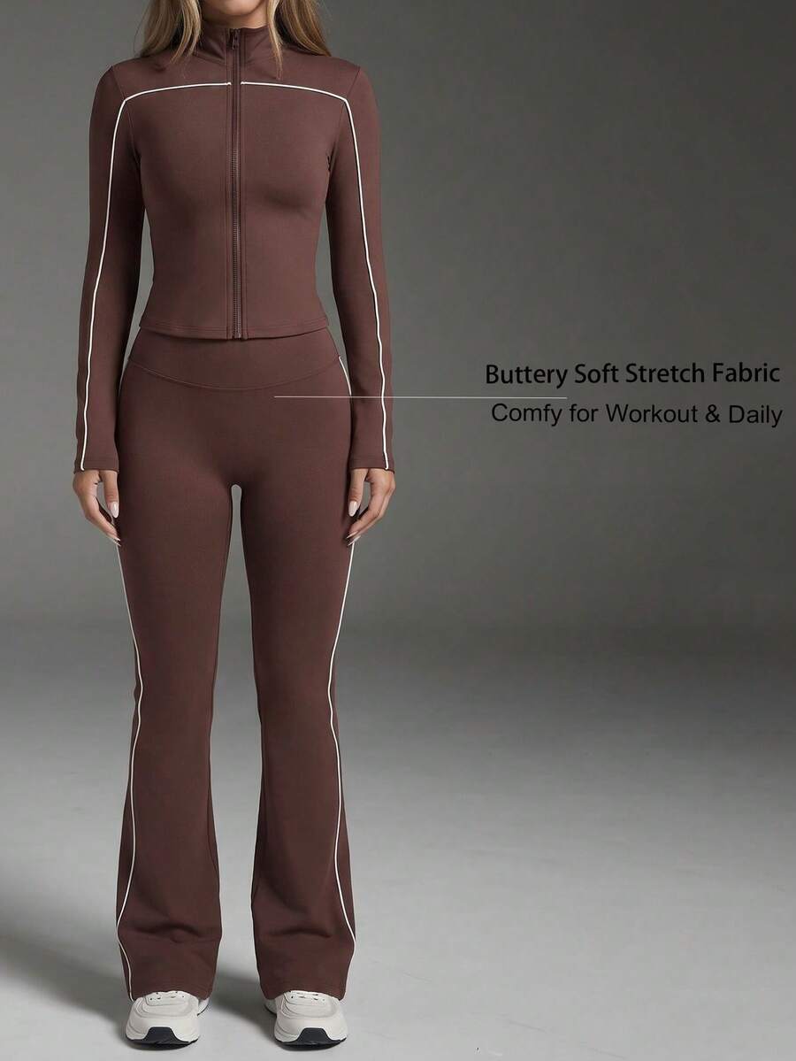 Casual Sport Contrast Zip Gym Clothes Women Two Pieces Set,Stand Neck Long Sleeve Skinny Fall Outfit Jacket,High Waist Fit Workout Active Flare Pants - Brown - View 1