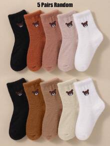 20/10/5 Pairs Children's Short Socks, Bear Pattern, Terry Socks, Brown Tone, Children's Autumn Socks, Warm Mid-Calf Socks, Girls Halloween Costume - Multicolor - View 10