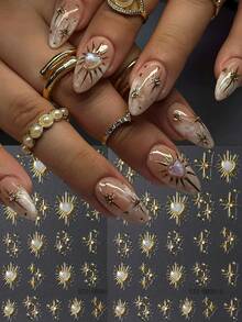 1 Sheet Of Y2K-Style Nail Stickers Featuring Shiny Gold Stars And Laser-Effect Hearts With Rhinestones; 5D Embossed Nail Art Decals, Adhesive Sliders, Nail Supplies, And DIY Decorative Nail Charms. - Multicolor - View 2