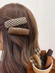 5pcs Women's Vintage Elegant Fabric Houndstooth Minimalist Solid Color PU Leather Sponge Hair Clips - Multicolor - View 3