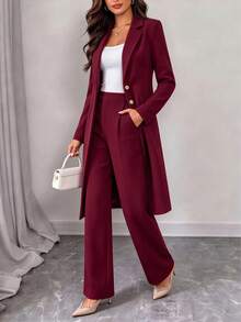 Women's Spring/Autumn Elegant Commute 2 Pieces Set, Long Waist-Cinching Vintage British Design Faux Pocket Button Detail Blazer Coat Paired With Simple Casual Straight-Leg Long Pants - Wine Red 18 - View 3