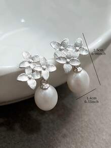 1 Pair Elegant Faux Pearl Embossed Flower Copper Alloy Earrings, Suitable For Women's Daily Casual Wear - Silver - View 3