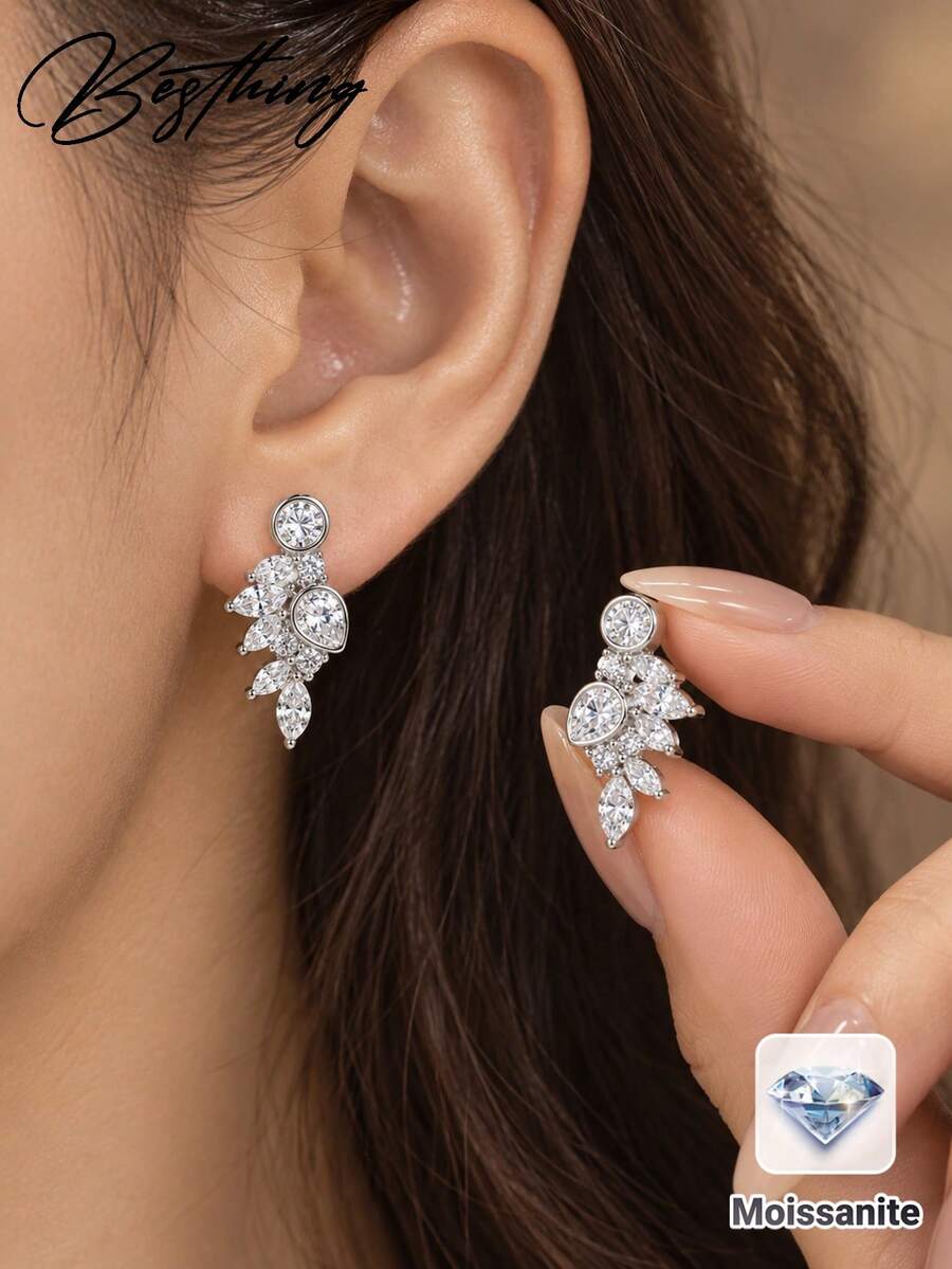 Besthing 1 Pair S925 Sterling Silver Luxury Leaf & Wing Moissanite Stud Earrings, Multi-Stone Asymmetrical Design, Delicate Earrings For Party, Formal Dress, Holiday Gift - Silver - View 1