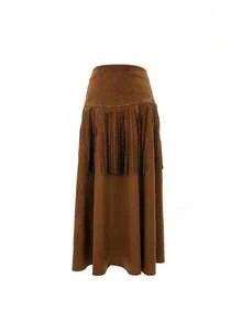 Women's Bohemian Style Tassel Rivet Elegant Knit Fabric Maxi Dress, Autumn Party And Western Style Outfit - Brown - View 5