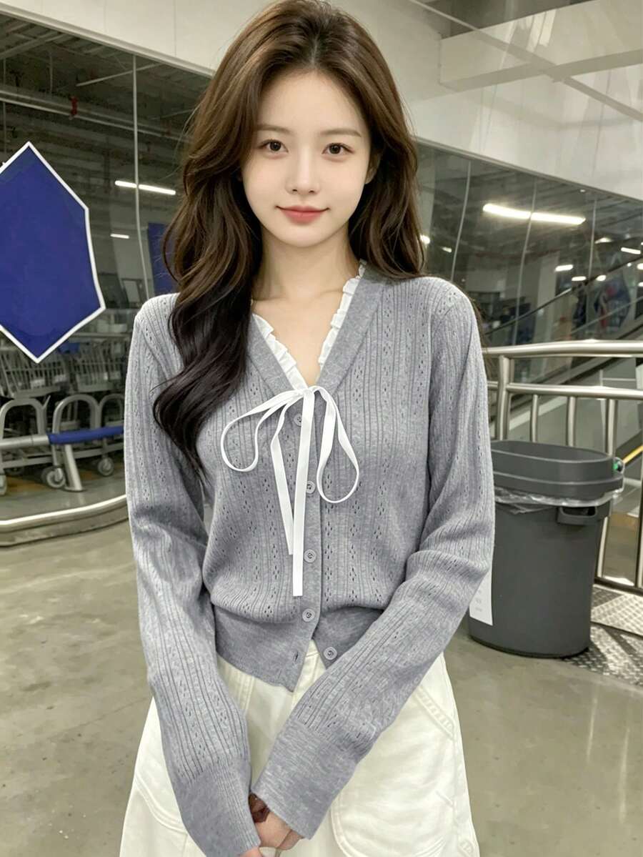 Soft Korean Style Fitted Short Knit Sweater For Women, Spring/Autumn New Long Sleeve Base Layer With Bowknot Strap - Grey - View 1