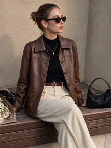 Jaket Kulit PU Cokelat Wanita, Kerah, Lengan Panjang, Desain Kancing, Panjang Standar, Kain Tidak Melar, Cocok untuk Musim Gugur - Coffee Brown - View 2