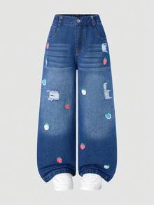 Girls' Blue Straight-Leg Jeans With Energetic Strawberry Print Accents, Personalized Distressed Details, Loose Straight Fit, Comfortable And Casual, Versatile And Timeless - Blue - View 2